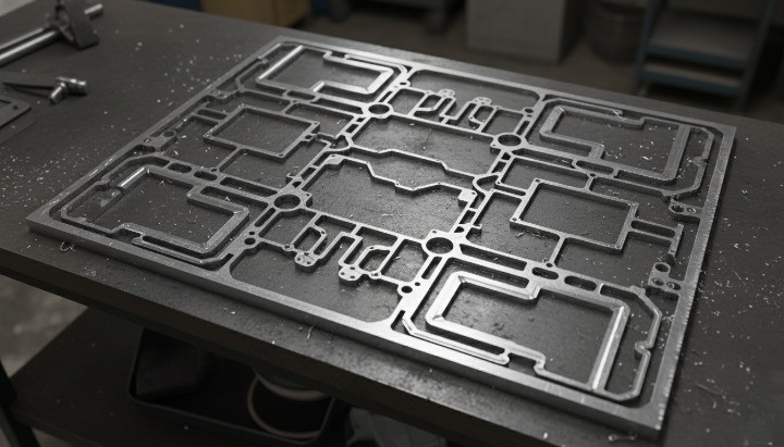 Machined aluminum plate with remaining waste material demonstrating buy-to-fly ratio and nesting efficiency in CNC machining