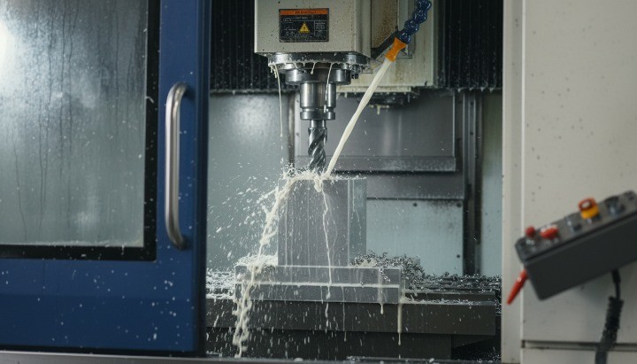 CNC milling machine cutting an aluminum block to visualize the CNC machining cost calculation based on machine time