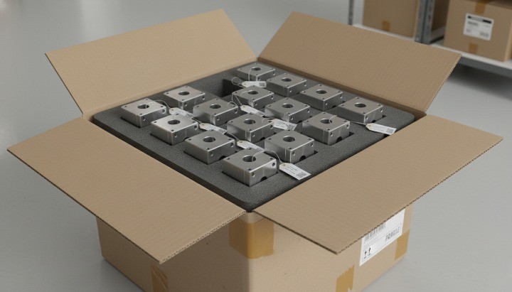 Foam-packed precision CNC machined metal parts prepared for export packaging to protect quality in transit