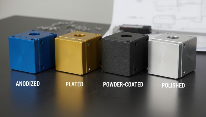 CNC machined metal parts with anodized, plated, and powder-coated finishes highlighting surface finishing cost