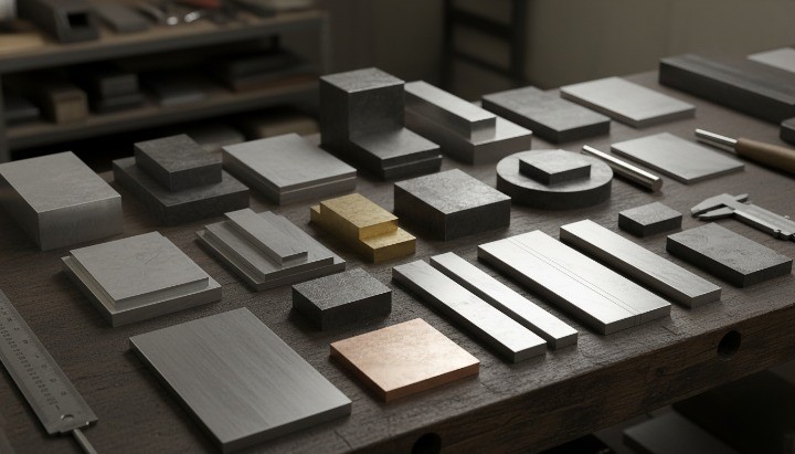 Aluminum, steel, and stainless steel stock forms used in CNC machining cost estimation for metal parts