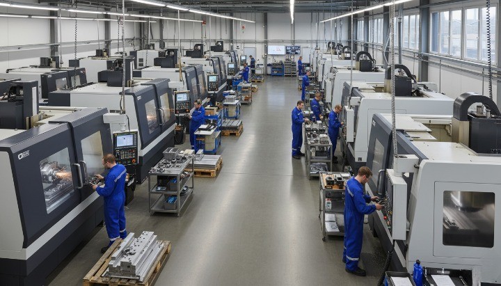 CNC machining workshop with multiple metal cutting machines illustrating the complexity behind CNC machining cost