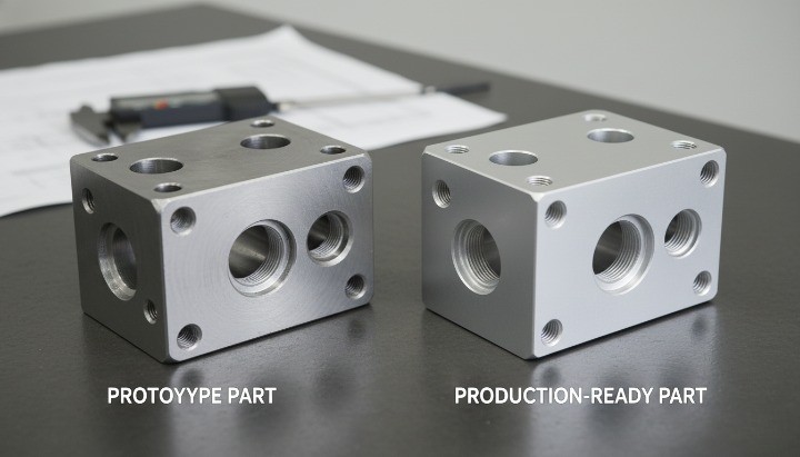 Prototype and production versions of a machined metal component showing different CNC machining cost structures