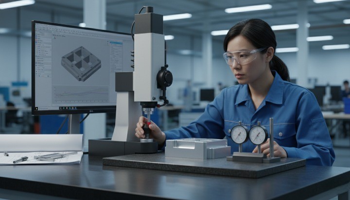 Quality inspector checking CNC machined metal parts with a CMM and gauges as part of quality control cost