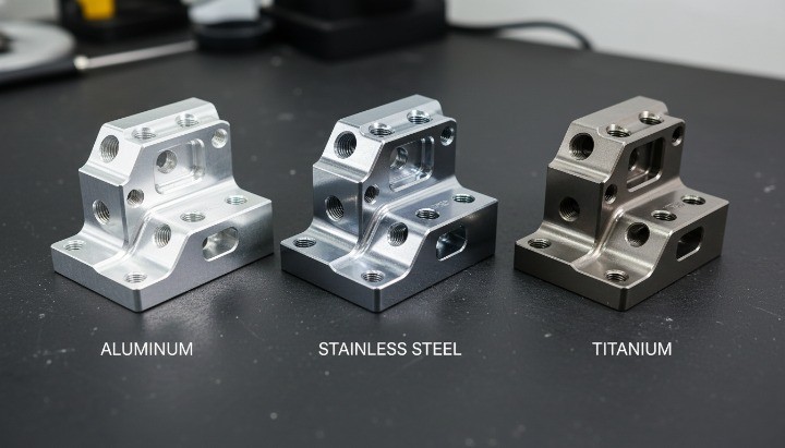 Aluminum, stainless steel, and titanium machined parts comparing machinability and CNC machining price impact