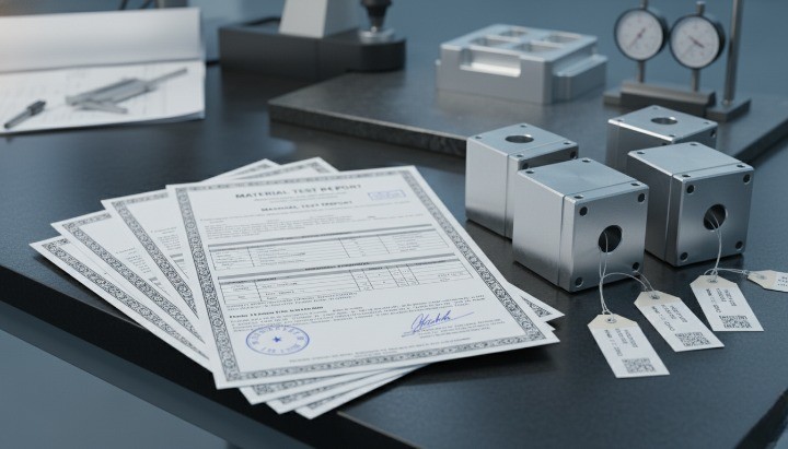 Material certificates and traceability labels attached to machined metal parts showing compliance-related machining cost