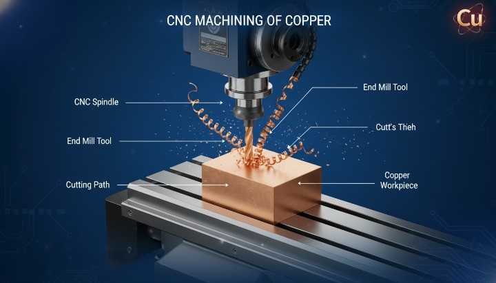 CNC machining of copper showing chip formation and surface finish