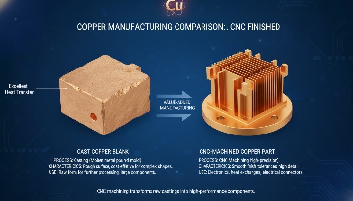 Cast copper blank versus CNC-machined copper part with tight tolerances