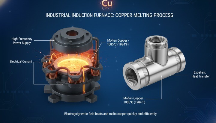 Induction melting of copper in an industrial manufacturing environment