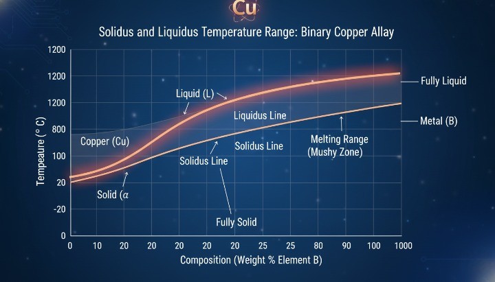 Melting range of copper alloys showing solidus and liquidus temperatures