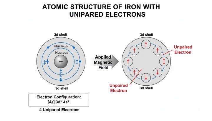 Atomic structure of iron showing unpaired electrons responsible for magnetism