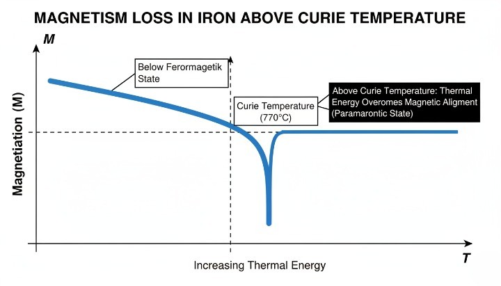 Iron magnetic strength decrease above Curie temperature