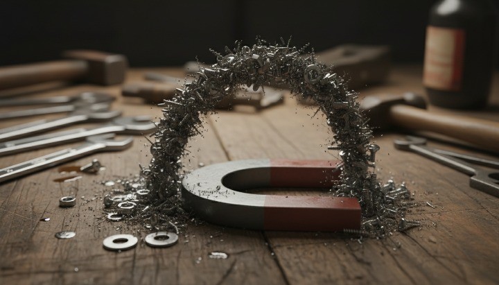 Iron metal parts attracted to a magnet demonstrating iron magnetic behavior