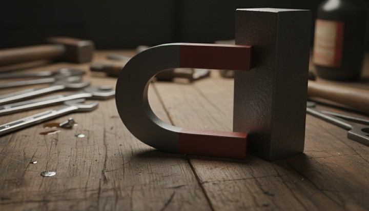 Magnet sticking to iron bar showing iron is magnetic under normal conditions