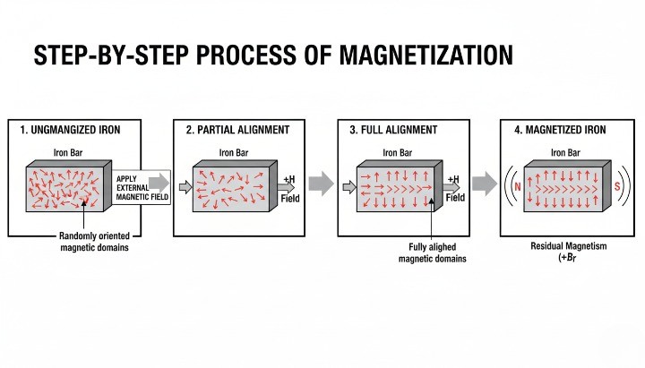 Magnetic domain alignment process during iron magnetization