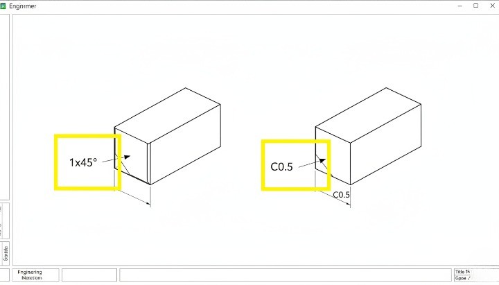 chamfer callout example 1x45 degree and C0.5 on engineering drawing for CNC machining