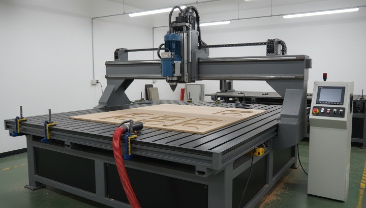 Gantry-style CNC router machine with spindle and vacuum work table