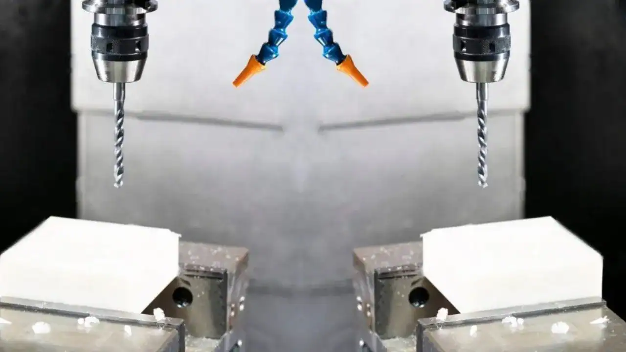 CNC drilling machine with precision drill bits and coolant nozzles
