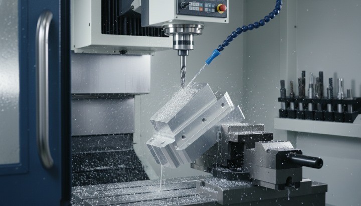 5-axis CNC machine machining a complex aluminum part to illustrate DFM for multi-axis machining and feature accessibility.