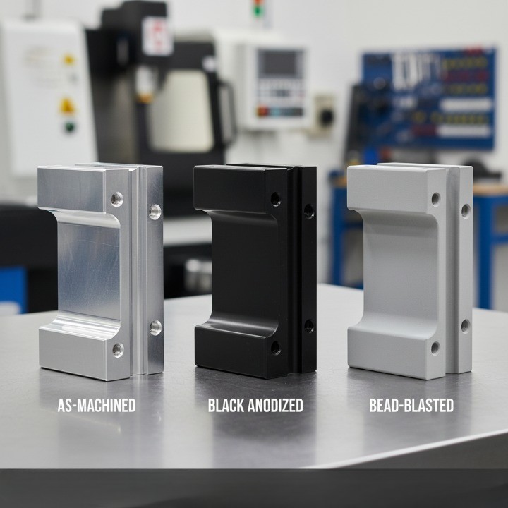 CNC milled aluminum parts showing as-machined, anodized, and bead-blasted surface finishes side by side.