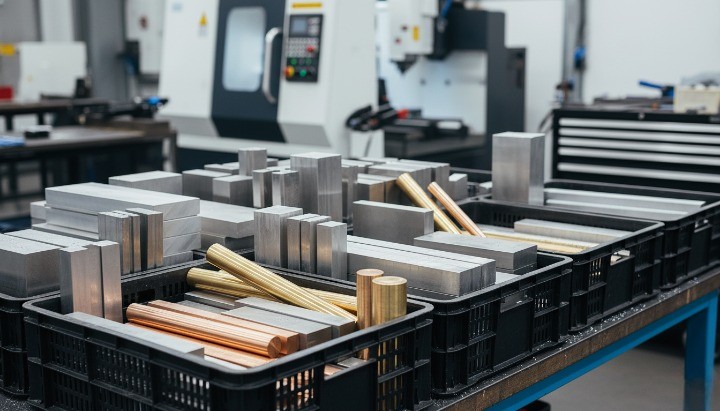 Different metal materials for CNC machining including aluminum, steel, brass, and titanium