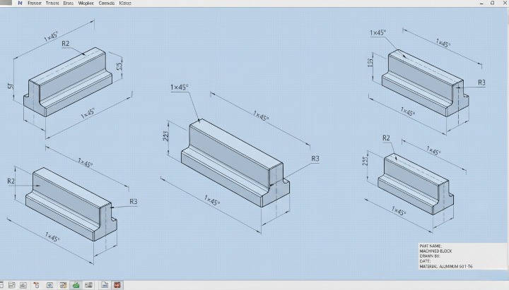 2D engineering drawing showing chamfer and fillet callouts in a CNC machining design