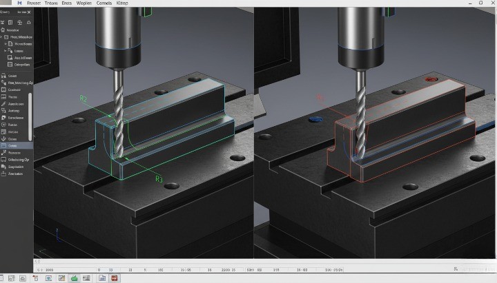 CAM simulation contrasting ball-end milling for fillets versus chamfer toolpaths for fast edge machining