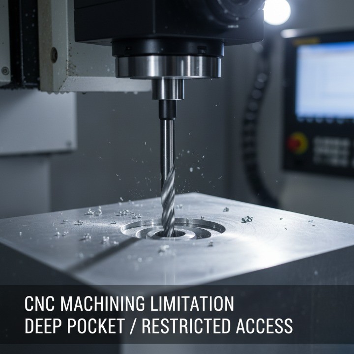 Example of CNC machining limitation due to deep cavity and restricted tool access