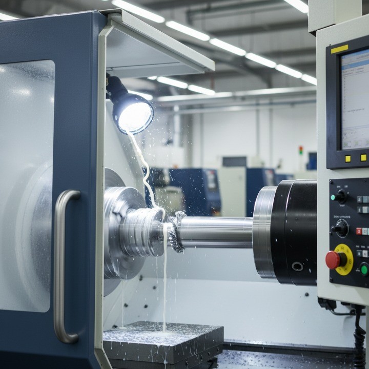 CNC turning process — precision machining of cylindrical steel part