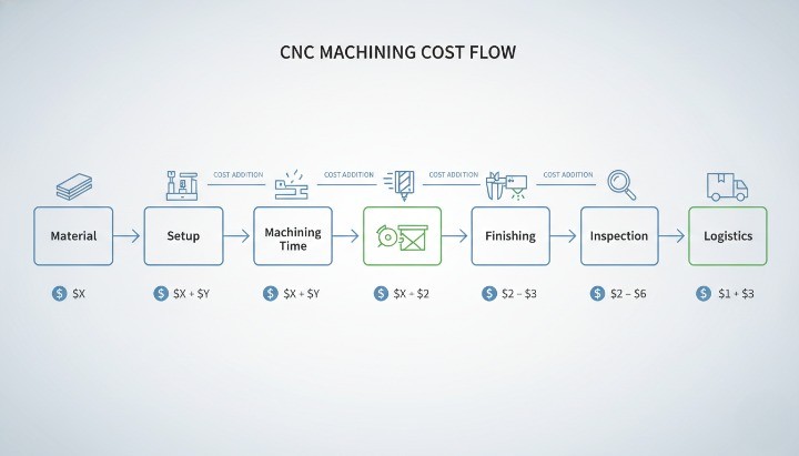CNC machining cost formula flowchart illustrating material cost, machining time, setup, finishing, and inspection
