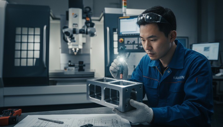 Machinist evaluating internal corners and tool access challenges in a CNC-machined component