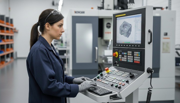 Engineer setting up CNC machine with CAD/CAM interface