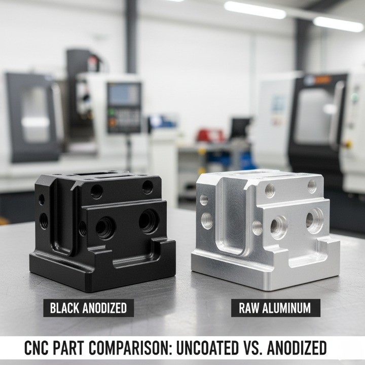 Visual comparison between anodized aluminum and raw CNC milled surface.