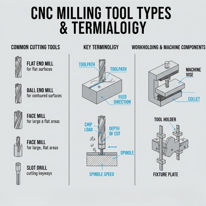 llustration showing key CNC milling tools and terminology including end mills, toolpaths, and workholding fixtures
