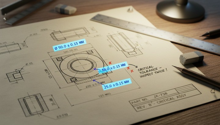 Critical-to-function dimensions highlighted to illustrate correct tolerance placement