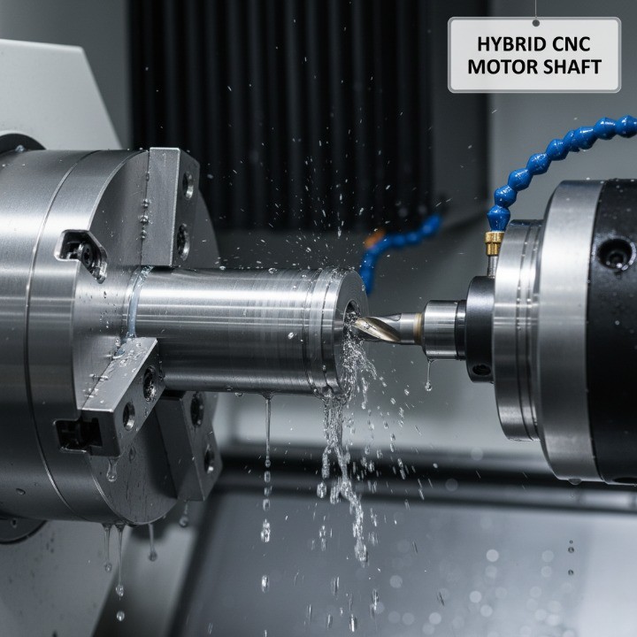 Example of hybrid CNC machining for motor shaft.