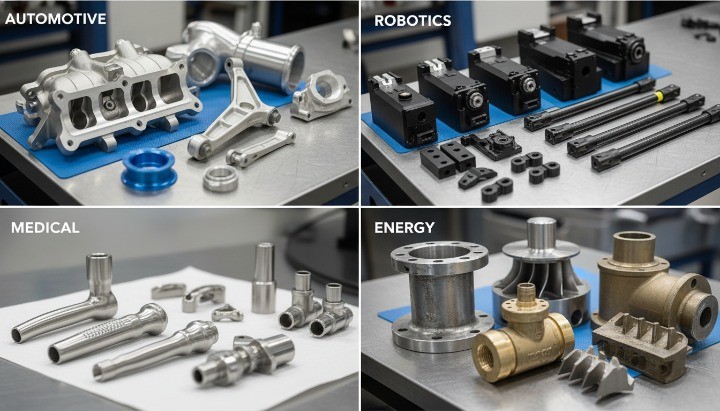 CNC machined parts for automotive robotics medical and energy industries requiring different levels of quality control and documentation.