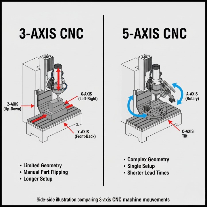 Side-by-side illustration comparing 3-axis and 5-axis CNC milling machine movements.