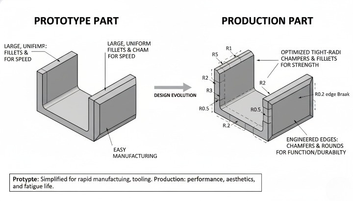 Side-by-side comparison of prototype versus production CNC parts showing different edge strategies