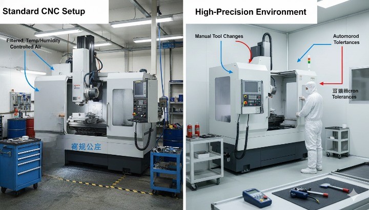 Standard CNC machining setup compared with temperature-controlled high-precision machining environment