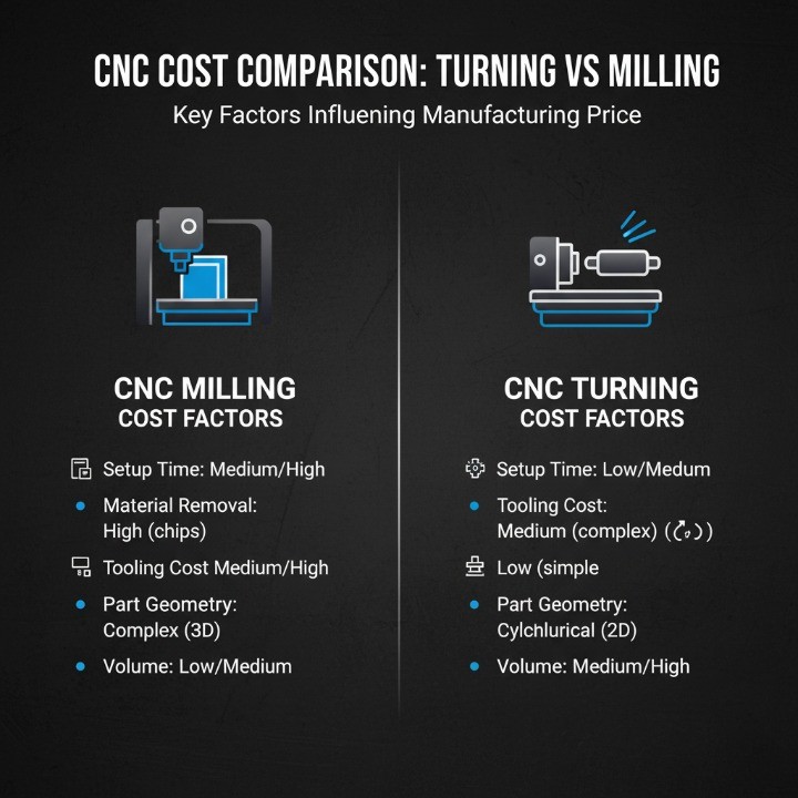 Comparison of CNC milling vs turning cost factors.