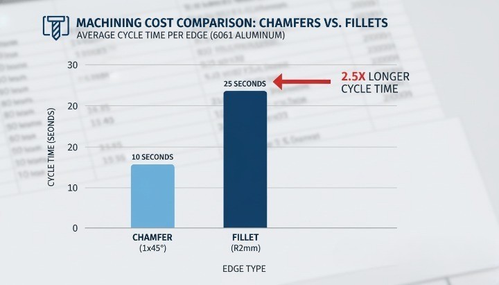 Cost comparison chart showing machining cycle time differences between chamfers and fillets