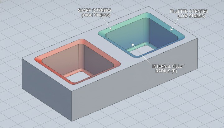 CAD model showing internal fillets used to reduce stress concentration in CNC-milled pockets