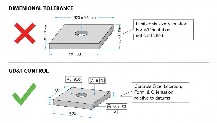Diagram comparing dimensional tolerances and GD&T geometric controls for CNC machining