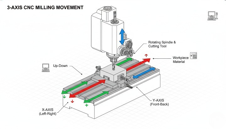 CNC machining axes diagram X Y Z motion explanation