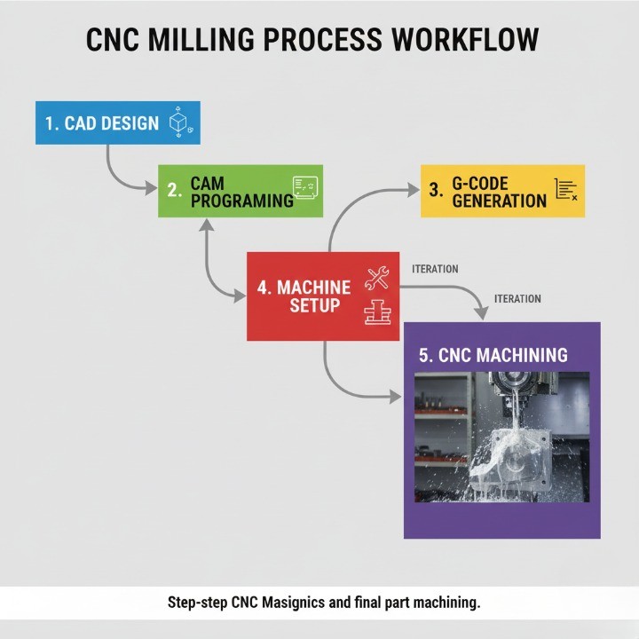 Step-by-step CNC milling workflow from CAD design to G-code generation and final part machining.