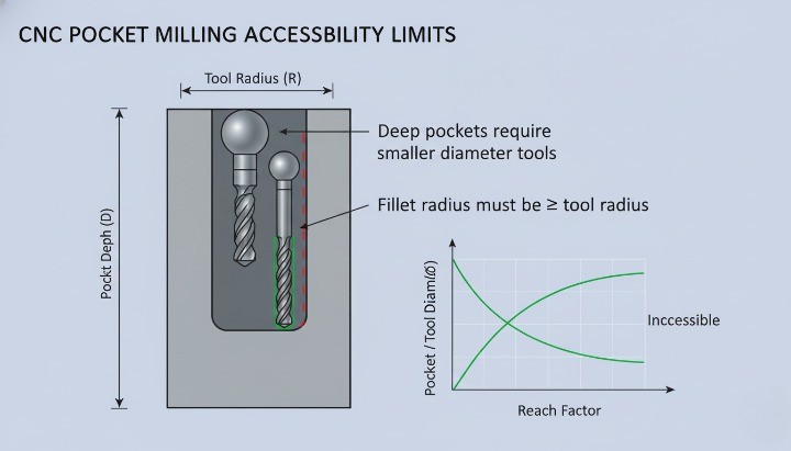 Illustration showing how tool diameter and pocket depth determine minimum achievable fillet radius