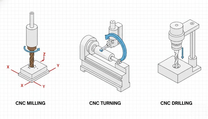 CNC milling and turning machine setup for metal part production