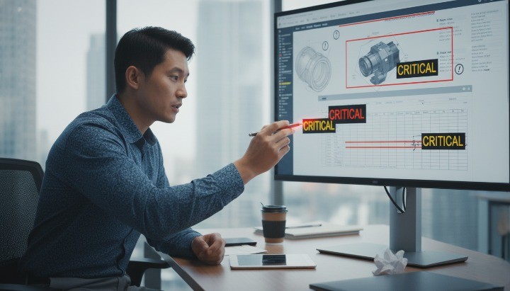 DFM review of CNC machined part drawing and 3D model identifying critical dimensions for the machining control plan