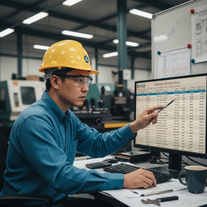Manufacturing engineer analyzing CNC machining cost optimization data on screen